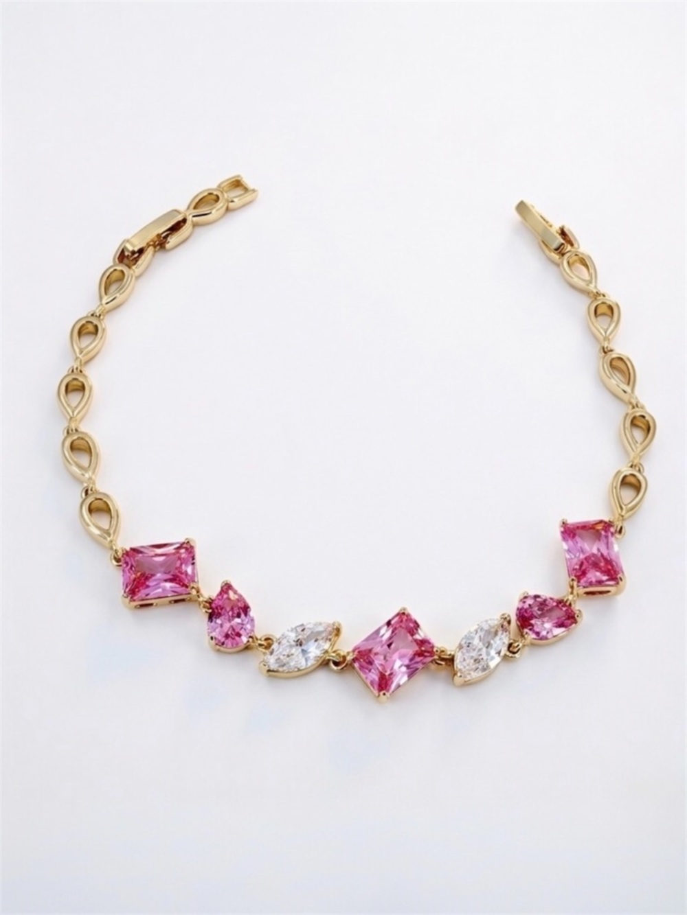 14K Gold Plated Pink Crystal & Marquise CZ Tennis Bracelet – Dainty Jewelry